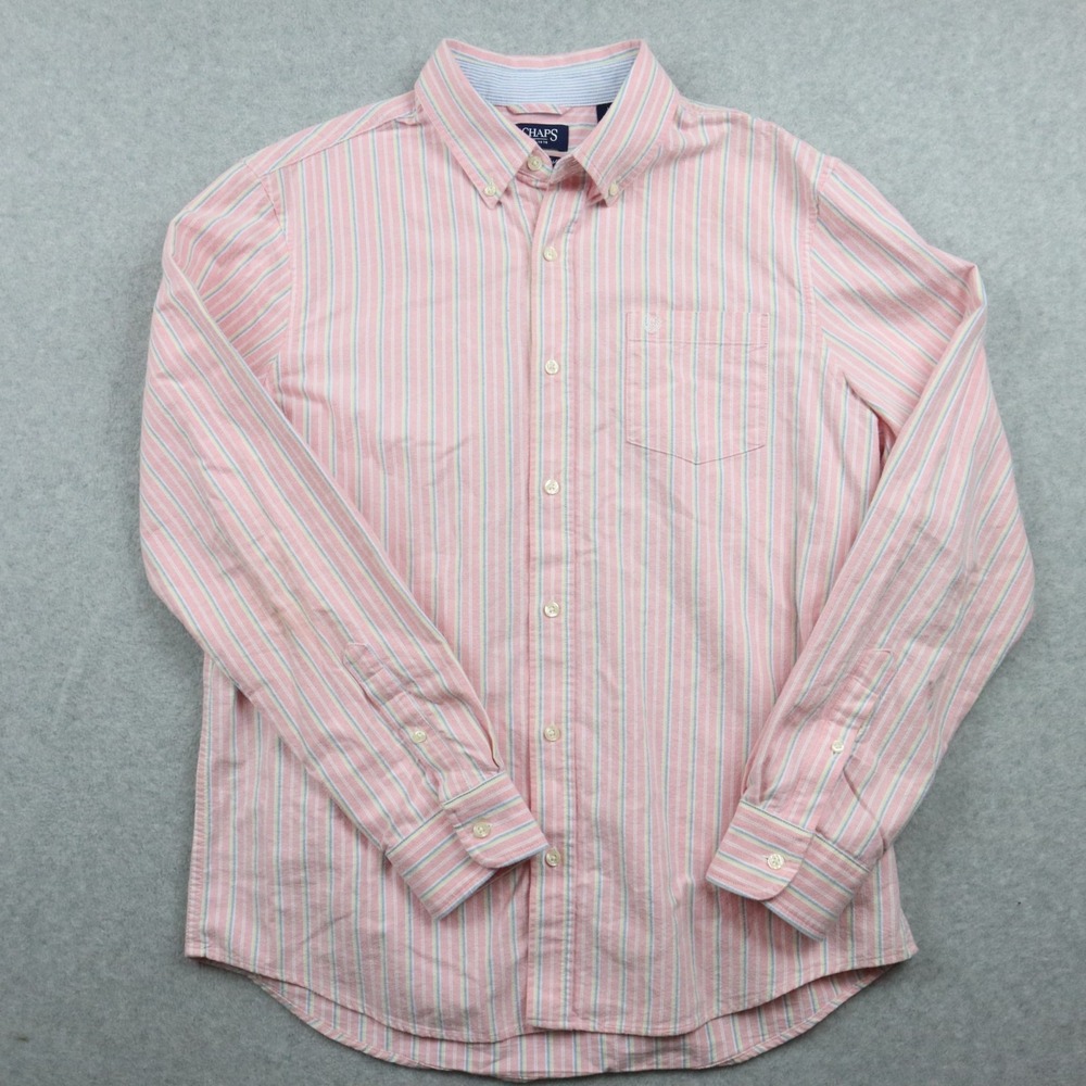 Chaps Shirt Mens Large Seacoast Wash Pocket Button Up Pink‎ Striped Long Sleeve